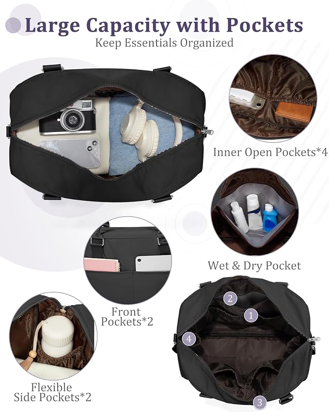 Gym Bag for Women,Travel Duffle Bag for Travel with Wet Pocket Weekender Overnight Carry On Tote Bag Luggage Bag with Trolley Sleeve Personal Item Travel Bag Hospital Diaper Bag Black