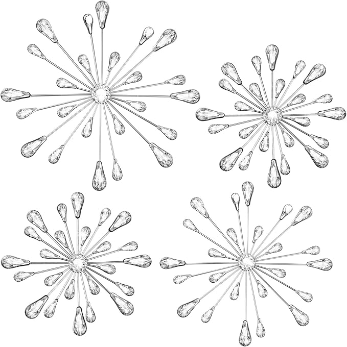 Hicarer 4 Pcs Starburst Wall Decor Bling Wall Art Crystal Teardrop 3D Hanging Rhinestone Radial Metal Artwork Modern Accent Sculptures Decorations for Living Room Home Office Bedroom(Silver)
