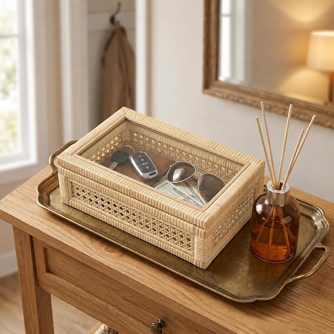 Rattan Decorative Boxes with Glass Lids | Set of 2 Handwoven Wood Display Storage Box for Keepsakes,Shelf Bedroom Coffee Table Home Decor, Boho Style
