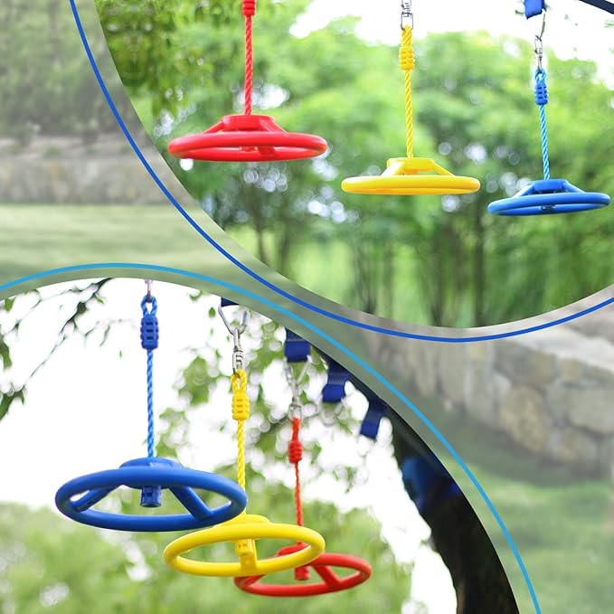 Craft Ninja Warrior Obstacle Course Accessories Kids Outdoor Play - 7pc Rings, 2pc Swing Trapeze Wheels & 2pc Monkey Bars