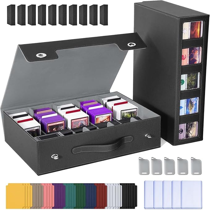 UAONO Trading Card Storage Box with Commander Display, 5 Row Magic Card Box with Handle & Aluminum Alloy Locking for 3900+ Unsleeved Cards Suits for MTG PTCG TCG Sports Cards (Black Gray)