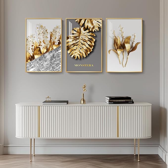 Framed Modern Luxury Large Gold Wall Art for Living Room, Set of 3 Piece Contemporary Paintings Artwork for Walls, Big Size Prints with Gold Frame, Pictures for Hallway, Office Wall Decor 24x36 Inch