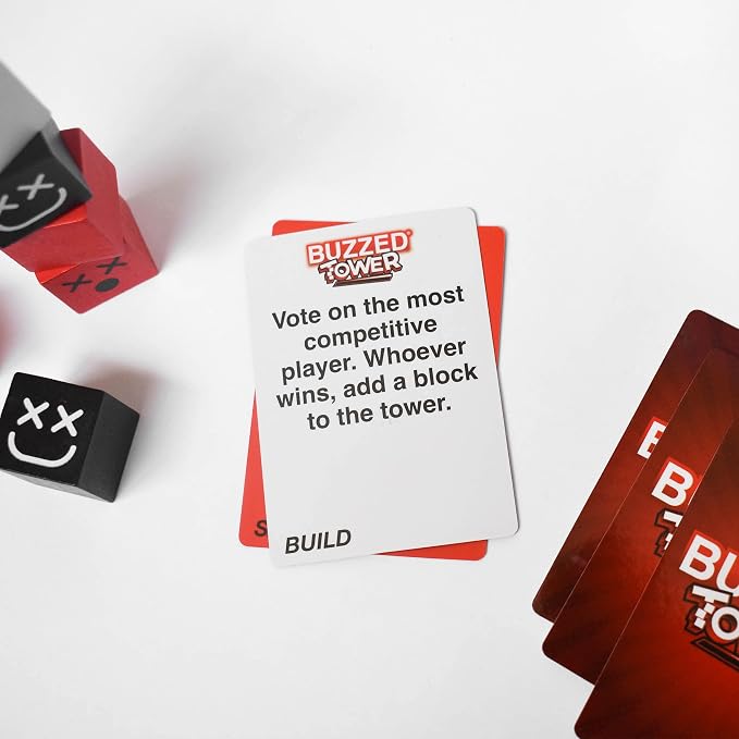 WHAT DO YOU MEME? Buzzed Tower: The Stack-and-Sip Drinking Card Game for Adults – Includes 30 Blocks, 80 Cards, and Big Laughs for Parties, Game Night, and Epic Bachelor Party Celebrations