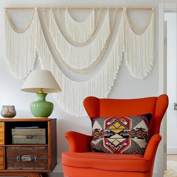 Macrame Wall Hanging Boho Yarn Art Tassel Beaded Handmade Decor 57"W*41"L | Fiber Wall Hanging, Large Wall Decor, Handmade Textile Art, Cotton Rope Craft, Beaded Tassel Accent, for Living Room Bedroom