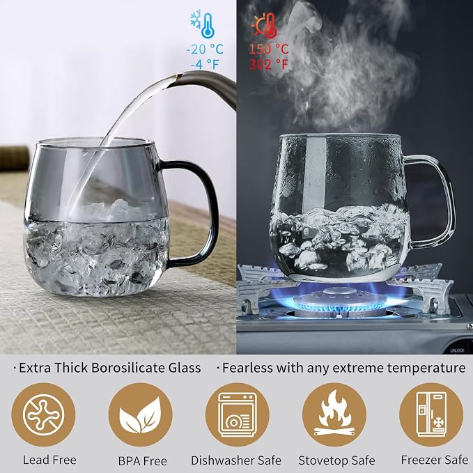 Glass Tea Cup with Infuser and Lid, 17.6oz/520ml Large Borosilicate Teacup, Clear Mug for Loose Leaf Tea, Blooming Tea, Tea Bags - Perfect Christmas or Birthday Gift for Men.
