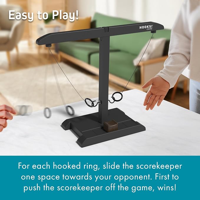 Craggy Games Hooks! CORE – Ring Toss Game for Adults with Built-in Scoring – 2 Player Hook and Ring Tabletop Game – Indoor Outdoor