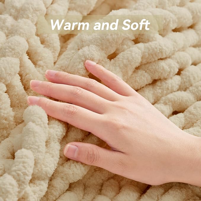 Negwoo Chunky Knit Throw Blanket, Knitted Throw Chenille Yarn, 50"*60" | Soft Thick Cable Knitted Blankets, Handmade Big Thick Blanket, Machine Washable Cute Comfy Blanket for Home Decor, Oatmeal