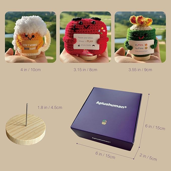 3-PCS | Fun & Games Crochet Set | Fire Cupping Beer Game Controller Positive Plush | Handmade Funny Stuffed Figures with Wooden Stand & Inspirational Cards | Mini Desk Decor Gift for Teens Adults