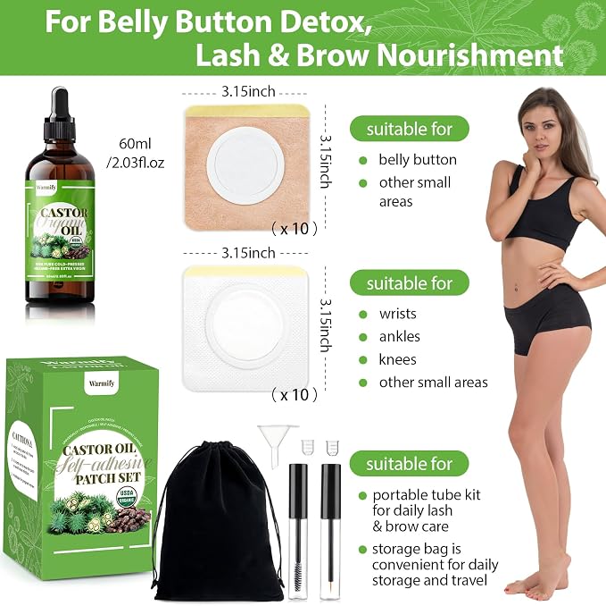 20 Pcs Castor Oil Patches with Organic Cold-Pressed Castor Oil (2.03oz) in Glass Bottle, Cotton Pack for Joints & Belly, Self-Adhesive & Disposable - Bonus Eyelash Care Kit
