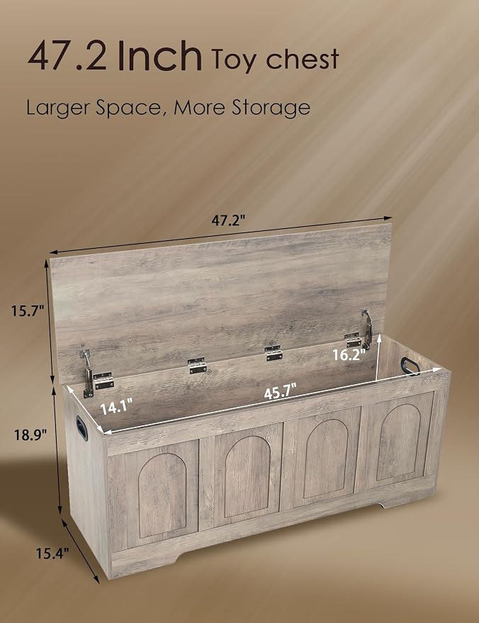 Storage Chest, Wooden Toy Box, Greige 47.2" L | Entryway Shoe Bench, 2 Soft-close Hinges, Finger-safe Flip-Top Lid, Easy Assembly, Farmhouse Large Trunk, Living Room/Bedroom
