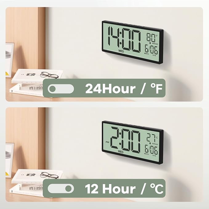 JALL Large Digital Wall Clock Battery Operated, Wall Clock with Big Numbers LCD Display, Digital Clock with Date Day Temperature, Alarm, Auto DST, Clocks for Office, Gym, Bedroom, Elderly- Black