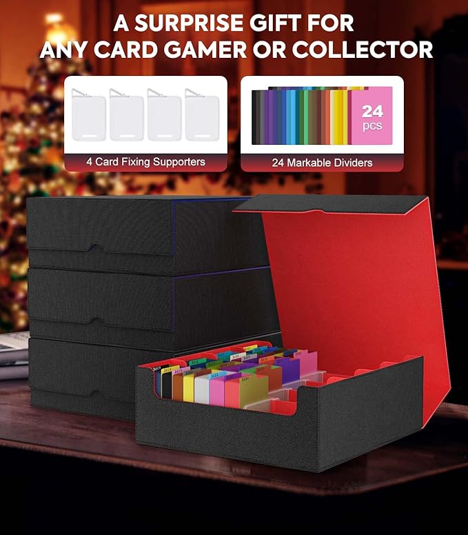 MoKo Trading Card Storage Box, 3000+ MTG Deck Box with 24 Colorful Dividers & 4 Card Supporters, Commander Card Deck Case Fits for Magic Game Cards, YugiOh, TCG, PTG and Sport Cards, Black Red