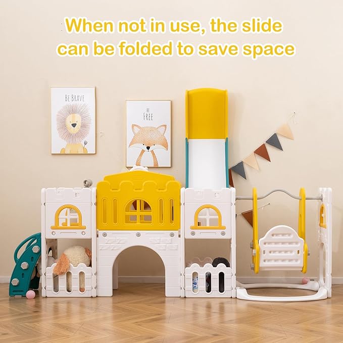 Costzon 10 in 1 Toddler Swing and Slide Set, Kids Slide and Climber Playset w/Aisle, Peek-a-Boo Window & Storage Space, Baby Indoor Playground for Aged 1+ (Yellow+Blue,100" × 59" × 40")