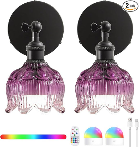 Vintage Battery Operated Wall Sconces: Gothic Wireless Rechargeable Light | 5000mAh Dimmable Powered Sconce Remote Control, Set of 2 Cute Purple Flower Glow Cordless Mounted Lights for Bedroom Bedside