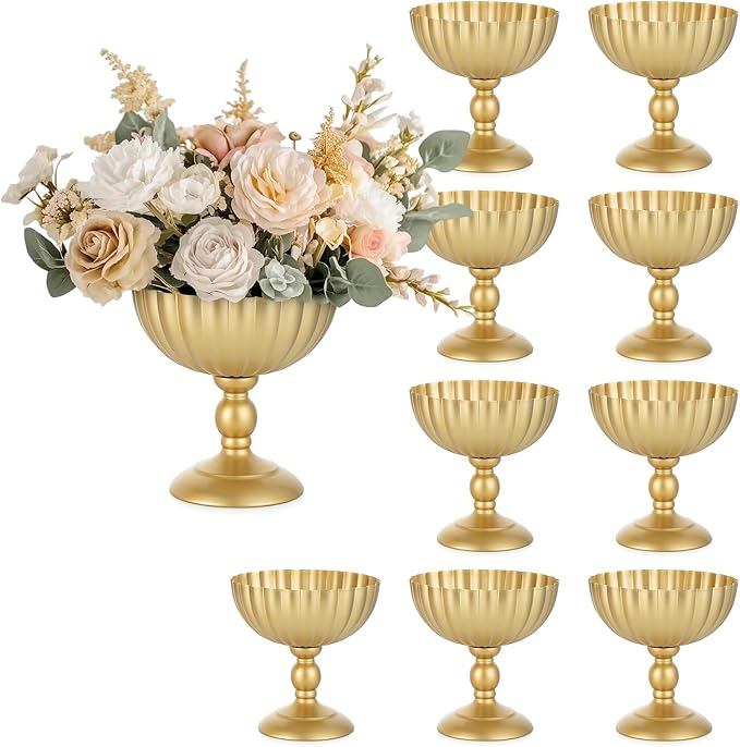 Sziqiqi Gold Urn Vase for Wedding, Tall Vases Centrepieces for Table, 10Pcs | 7.9in Compote Vase, Metal Flower Holder for Floral Arrangement, Pedestal Footed Bowl for Birthday, Party, Anniversary