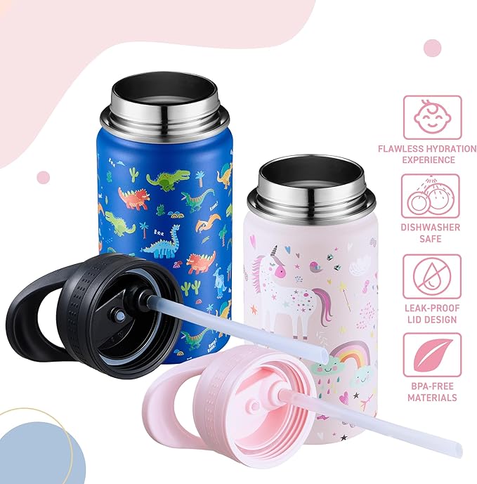 2 Pack Kids Water Bottle,14oz Stainless Steel Insulated Water Tumbler Leak-Proof,School Water Mug,Small and Portable,Suitable for Boys and Girls to Use(Blue dinosaur + Pink unicorn)