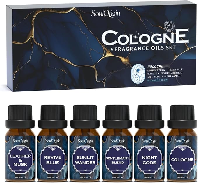 Soulorigin Cologne Fragrance Oils Set, Essential Oil for Diffuser, Men Scent Diffuser Oil, Use for Soap Candle Making, Cologne, Leather&Musk, Revive Blue, Sunlit Wander, Gentleman's Blend, Night Code