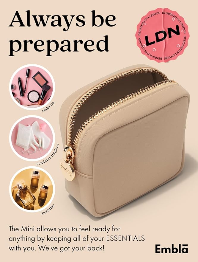 Embla Makeup Bag Travel Cosmetics Pouch and Toiletry Bag, Nylon Zipper Pouch Purse, Cute Make Up Organizer Storage Tote for Women Girls, Waterproof Travel Skincare Case, Small Makeup Bags, Sand