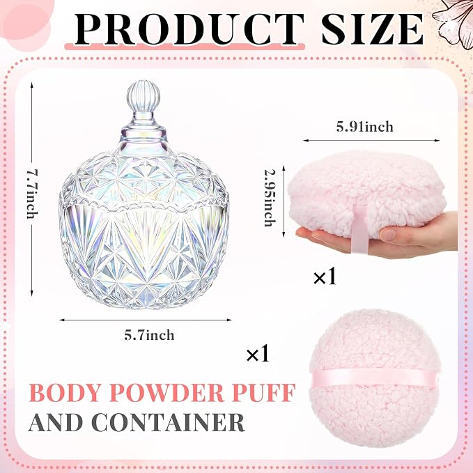 Tioncy 2 Pcs Extra Large Dusting Powder Puff and Container for Women-6'' Glass Crystal Dusting Powder Container with Body Soft Washable Reusable Velour Face(Dazzling,Crown)
