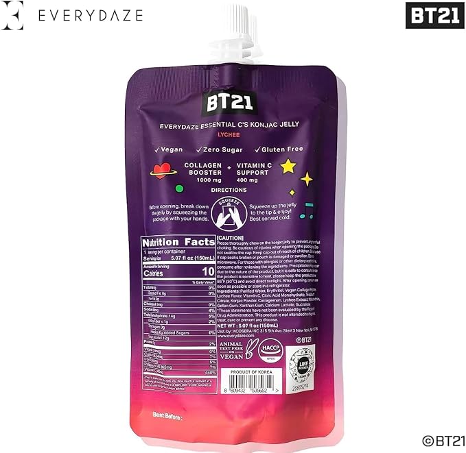 EVERYDAZE BT21 Essential C’s Konjac Jelly | Lychee | Plant-Based Collagen Booster | Gluten Free, Sugar Free, Low Calorie | Healthy Drinkable Fruit Snack | 10 Pack Box Food Drink Pouch