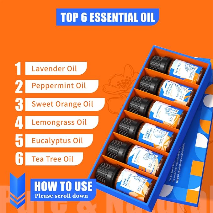 HIQILI Essential Oils for Diffusers for Home, Top 6 Gift Essential Oil Set | Include Lavender, Orange, Peppermint, Tea Tree, Eucalyptus, Lemongrass, Beginner Kit (10ML*6)