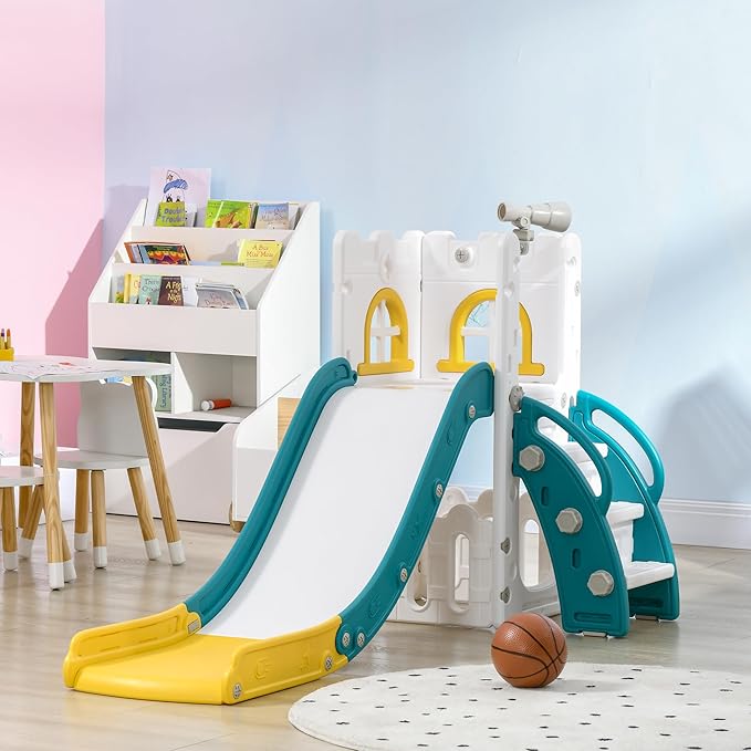 Qaba 5 in 1 Toddler Slide, Indoor Kids Slide for 1-3 Years Old, Climber Freestanding Playset with Basketball Hoop, Telescope & Storage Basket, Yellow