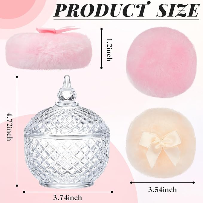 Tioncy 3 Pcs Large Body Powder Puff and Container Birthday Gift for Women, Soft Velour Face Body Glitter Puff with Crystal Glass Case, Wet Dry Makeup, Washable Reusable (multi-faceted Cut, Clear)
