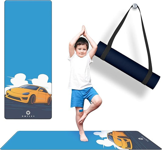 Kids Yoga Mat with Carrying Strap – 60"x24" Non-Slip Premium Exercise Mat for Kids, 3mm Thick Non-Toxic, PVC-Free Play Mat for Children, Dolphin, Car & Supergirl Designs