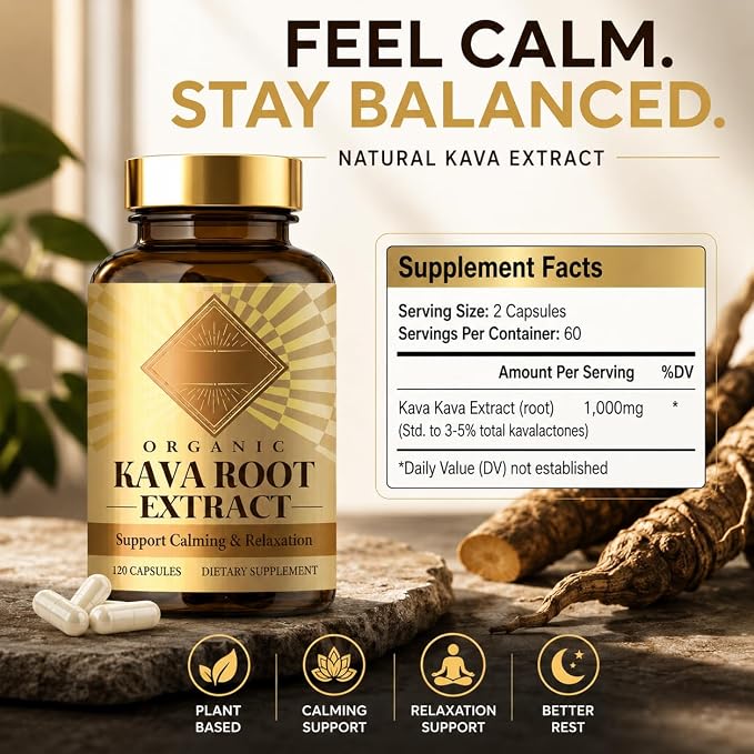 Organic Kava Root Extract - 120 Capsules, Standardized Kava Kava Herbal Supplement to Support Relaxation, Traditional Pacific Plant Powder Blend for Promoting Calming Comfort