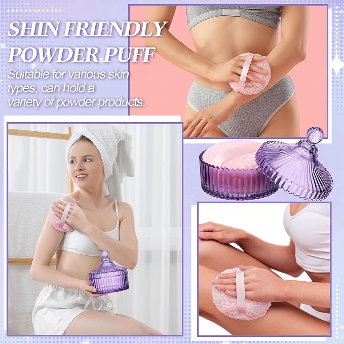 Extra Large Body Powder Puff and Container, 5.5'' Crystal Container with 5.3'' Oversize Dust Powder Puff Washable Reusable Face Body Glitter Wet Dry Makeup Gift(Purple)