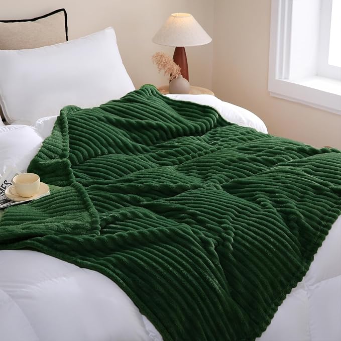Green Fleece Throw Blanket 108”×90” for Couch Sofa Livingroom | Super Soft Cozy Plush Microfiber Flannel Bed Blanket Striped Design Lightweight Home Decor Gifts for Adults Mom Women