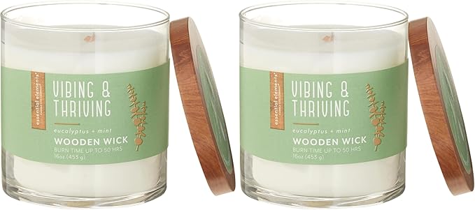 Essential Elements by Candle-Lite Company Wood Wick Scented Candle, Vibing & Thriving, One 16 oz. Single-Wick Aromatherapy Candle with 50 Hours of Burn Time, White (Pack of 2)