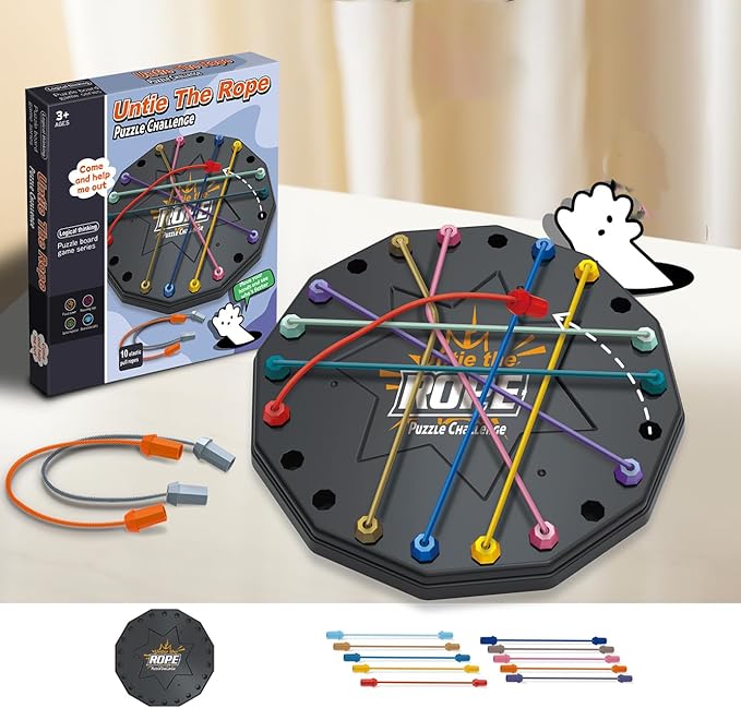 Rope Untangling Puzzle Game, Educational Strategy Board Game for Kids & Adults, 10 Elastic Pull Ropes, Family Travel Party Games with Multi-Level Challenges, Fine Motor Skills Gifts for All Ages