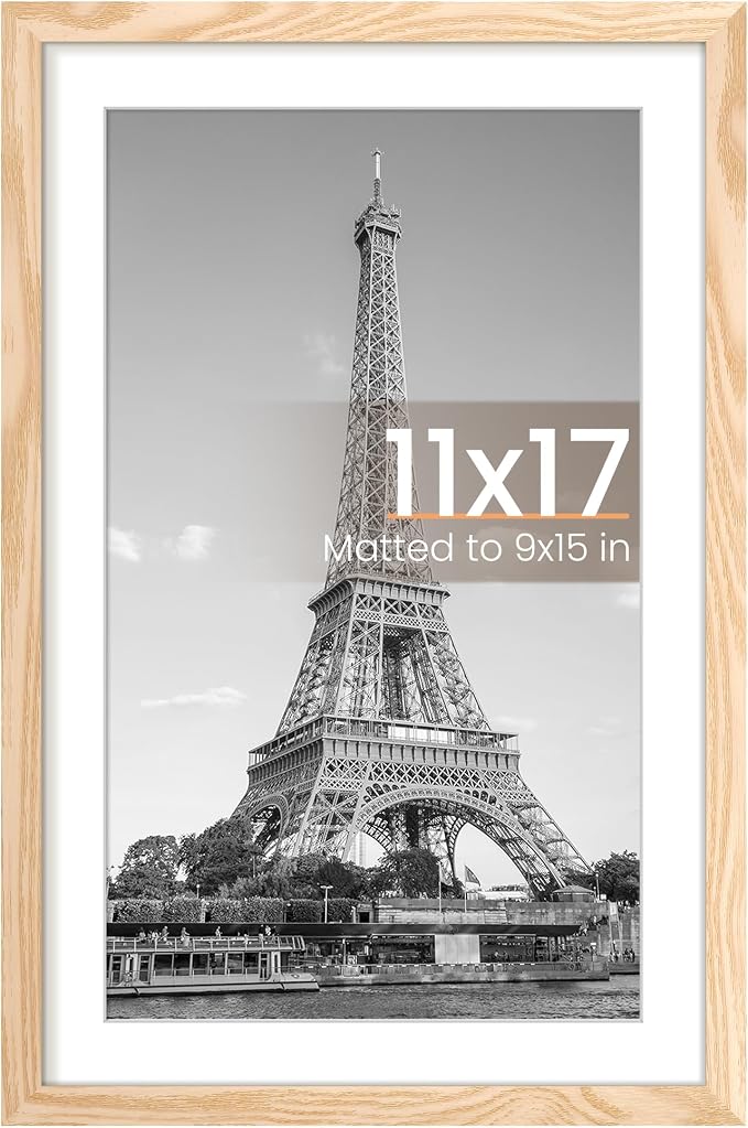 upsimples 11x17 Picture Frame, Display Pictures 9x15 with Mat or 11 x 17 Without, Wall Hanging Poster Frames, Natural Style, 1 Pack
