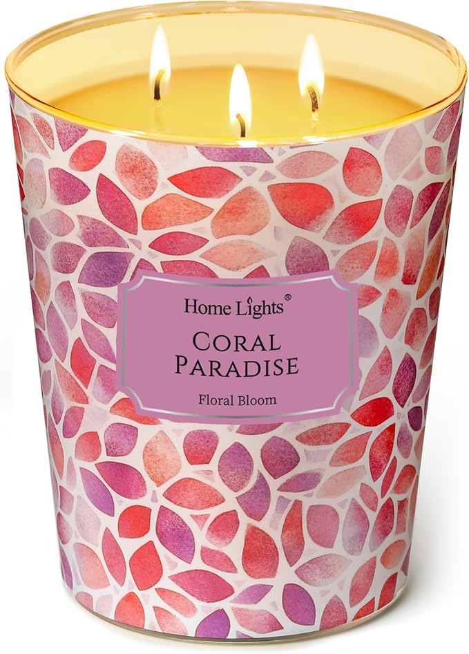 HomeLights Coral Paradise Scented Candles | 34oz Soy Candles Bohemian Natural Textures 3-Wick Large Candle Jars | Ideal Candle Gifts for Events, Home Decor Stress, Relief & Relaxation