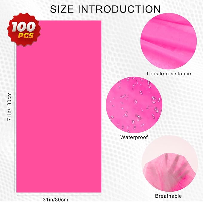 100 Pack 31" x 71" Disposable Non-Woven Massage Table Bed Covers - 2-Ply Waterproof Spa Sheets for Facial, Tattoo & Waxing.(pink 100pc)