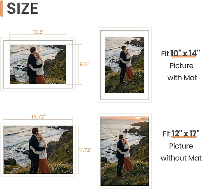 upsimples 12x17 Picture Frame, Display Pictures 10x14 with Mat or 12x17 Without, Wall Hanging Photo Frame, White, 1 Pack