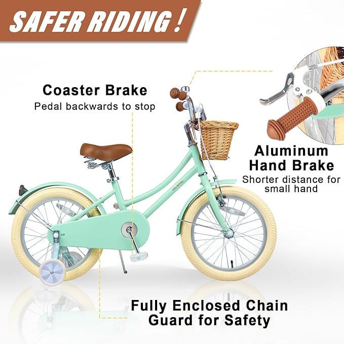 Glerc Little Molly 12-20 Inch Kids Retro Cruiser Bike for 2-13 Year Old with Wicker Basket & Training Wheels/Kickstand, Multiple Colors