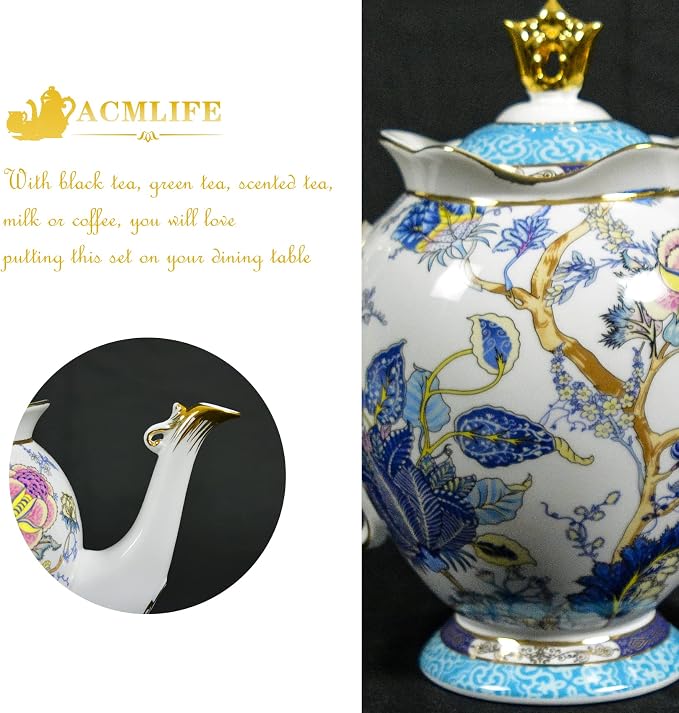 ACMLIFE Porcelain Tea Sets with 24K Gold, Vintage British English Afternoon Tea Sets for 6, Luxury Tea Sets for Women Party for Gifts Tea Sets for Adults Bone China