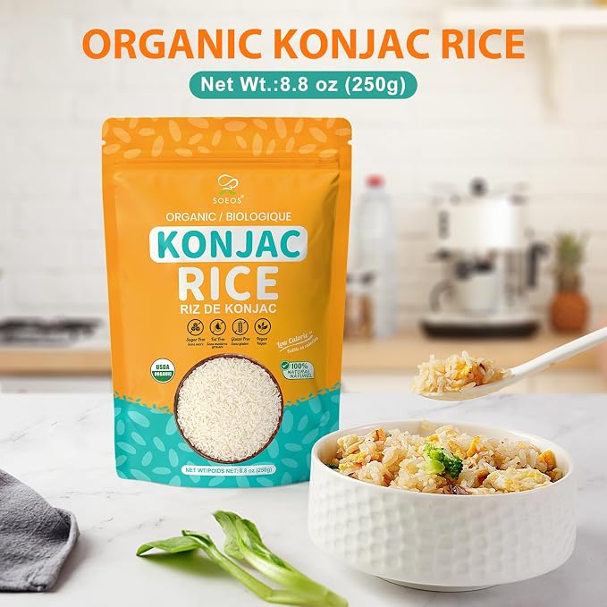 Soeos Organic Konjac Rice, Dried Shirataki Rice, 8.8oz (250g), Gluten Free, Plant-Based, Low Carbs, Quick-Cooking Rice Alternative, Pantry Staple for Stir-Fries, Soups & More