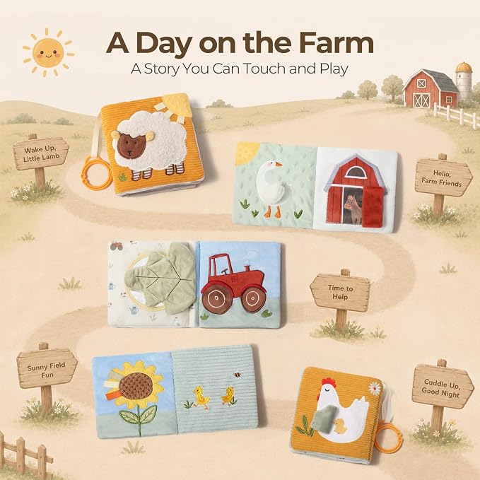 let's make Soft Baby Book for 0-12 Months, Crinkle Sensory Cloth Book with Teether, Mirror, Squeaker and C Clip, Farm Story Tummy Time Stroller Toy