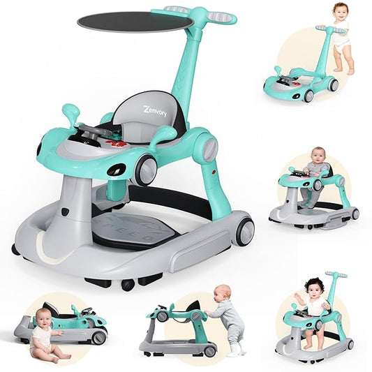 6 in 1 Foldable Baby Walker, Activity Baby Walker-Baby Bouncer, Rocker, Activity Center,Push Walker,Detachable Trampoline Mat, Adjustable Speed Rear Wheels and Height,Music & Lights,Ages 6-18 Months