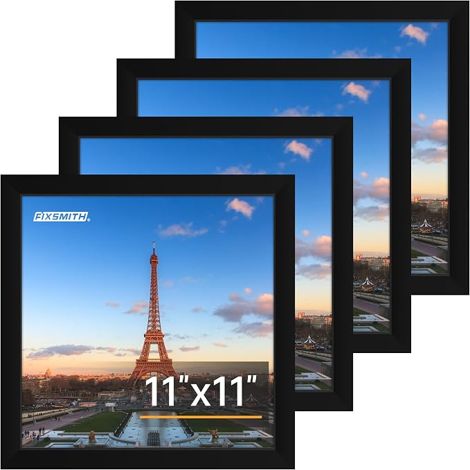FIXSMITH 11x11 Picture Frame Set of 4, Photo Frame with HD Plexiglass, Display Pictures 8x8 with Mat or 11x11 Without Mat, Black Picture Frames Collage Wall Decor, Gallary Wall Frame