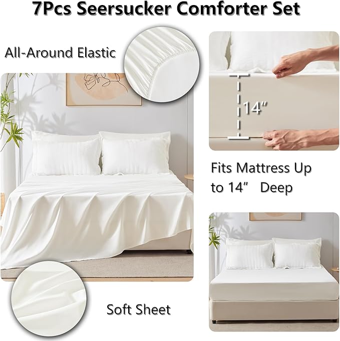 CozyLux King Size Comforter Set Ivory Seersucker 7 Pieces Bed in a Bag King Comforter Set with Sheets, Luxury Soft Bedding Sets with Down Alternative Comforter, Sheets, Pillowcases & Shams All Seasons