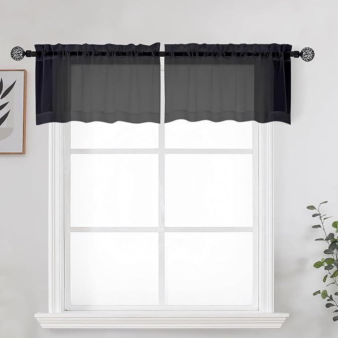 OWENIE Black Sheer Kitchen Valance for Windows Set of 2, Small Modern Rod Pocket Voile Valance Curtain Window Treatment Decor for Living Room Bathroom Cafe Laundry Basement, 42" W x 14" L