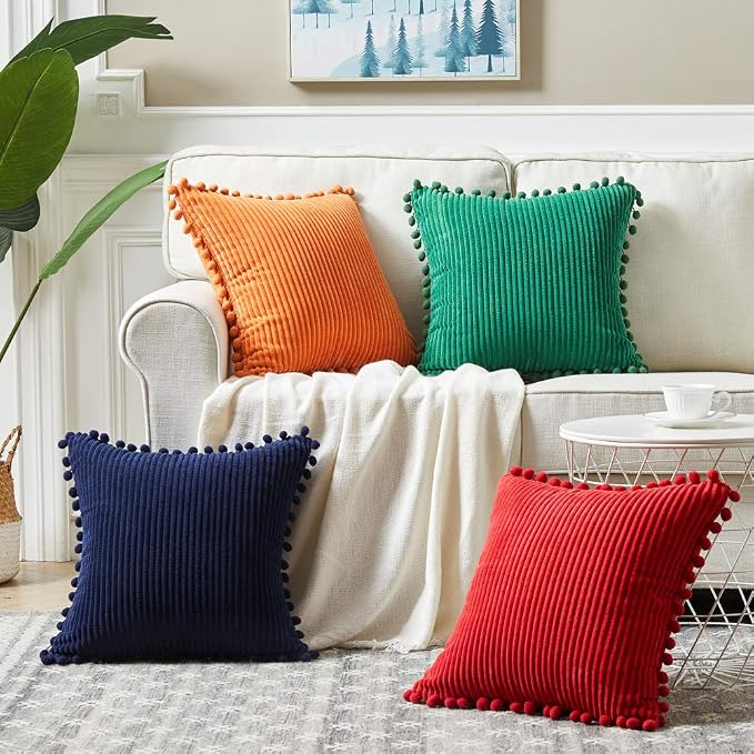 Fancy Homi Pack of 2 Burnt Orange Decorative Throw Pillow Covers with Pom-poms 26x26 Inch, Soft Corduroy Solid Square Cushion Case for Couch Sofa Bedroom Car Living Room, Fall Decor