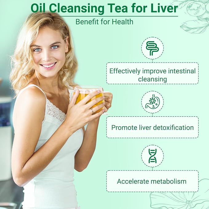 Oil Reducing Tea, 100% Pure & Natural Oil Cleansing Tea with 10 Precious Ingredients Formula for Liver Detoxification, Effectively Improve Intestinal Cleansing (1 Box/15 Bags)