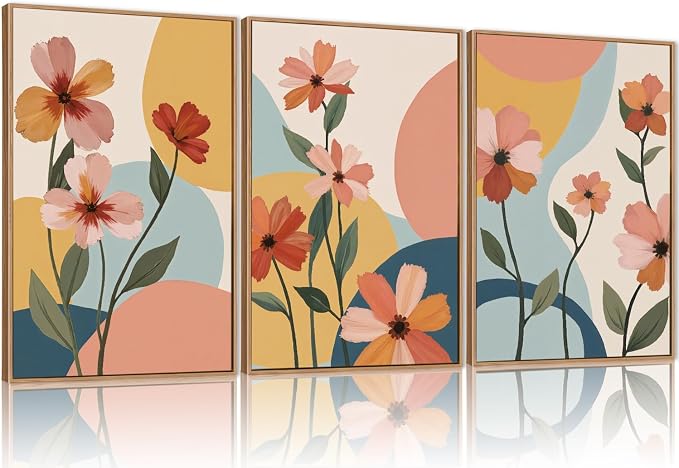 FWIEXA Boho Floral Canvas Wall Art,Nursery Flower Pictures Wall Decor,Modern Orange Flowers Wall Art,Abstract Plant Botanical Art Print,Wildflower Bohemian Artwork for Bedroom Rustic Farmhouse 16x24''x3