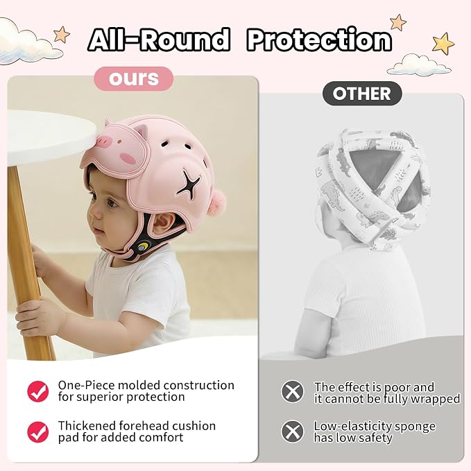 Baby Head Protector Baby Helmet for Crawling and Walking - No Bumps and Soft Safety Peak - Ultra Light and Adjustable Baby Head Protector Suitable for Babies 6-24 Months-Pink Piggy