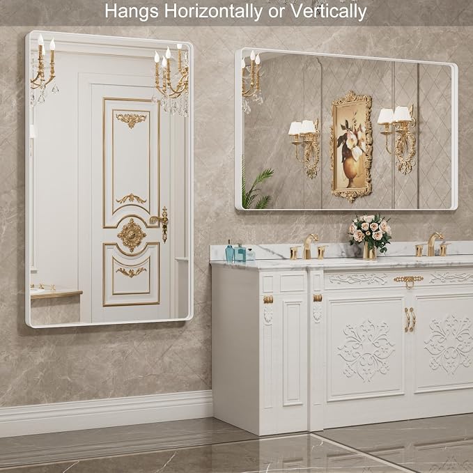 LOAAO 60x36 Inch White Metal Framed Bathroom Mirror for Wall, White Bathroom Vanity Mirror Farmhouse, Large Rounded Rectangle Mirror, Anti-Rust, Tempered Glass, Hangs Horizontally or Vertically | Rounded Rectangle, Anti-Rust, Tempered Glass, Hangs Hori...